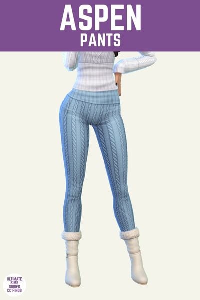 This is a product image for cc pieces from the Pom Pom collection. The top of this image has a purple bar with white text that says "Aspen Pants" and below is a sim from the waist down. The sim is wearing cable knit pants in blue and white boots 