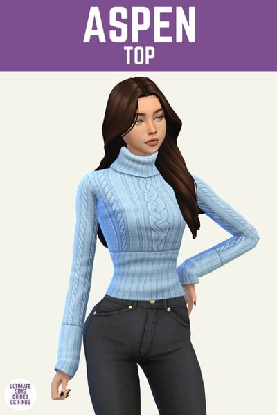 This is a product image for cc pieces from the Pom Pom collection. The top of this image has a purple bar with white text that says "Aspen Top" and below is a sim with brown hair. The sim is wearing black jeans and a blue cable knit turtleneck top.