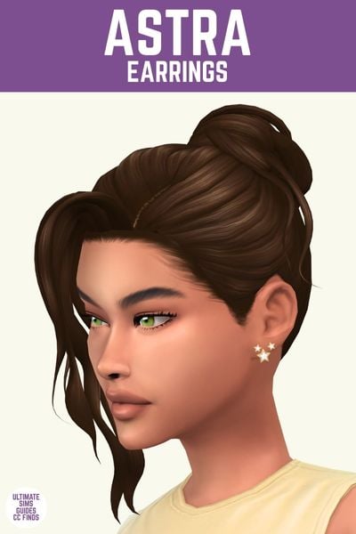 This image has a purple bar at the top with white text that says "Astra Earrings" and below is a side profile of a sim wearing a yellow shirt and earrings with stars