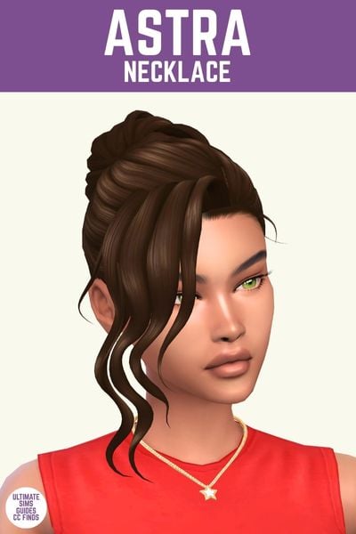 This image has a purple bar at the top with white text that says "Astra Necklace" and below is a sim with their hair in an up-do, wearing a red top and a star necklace.