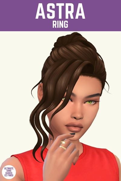 This image has a purple bar at the top with white text that says "Astra Ring" and below is a sim posing with their hand near their face to show off their star ring