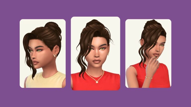 This image has a purple background and three rounded-edge rectangles. Inside of those rectangles are images of the same sim with different star themed jewelry