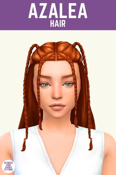 This image has a purple bar at the top that says "Azalea Hair" and below is a sim with their hair half-up with little braids 