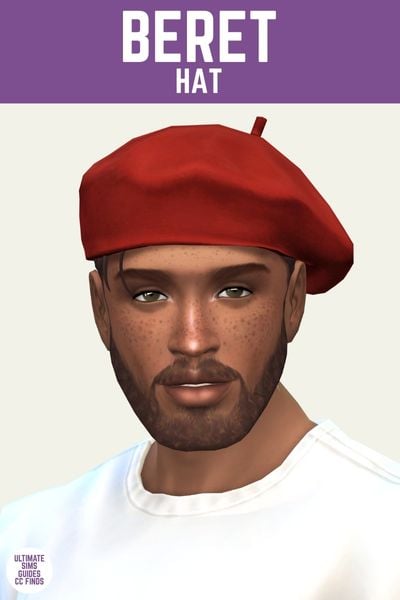 This image has a purple bar at the top with white text that says "beret hat" and below is a male sim wearing a red beret and a white t-shirt
