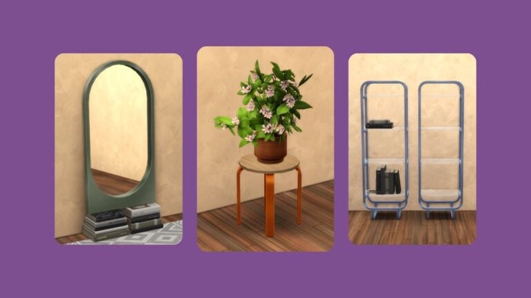 This image has a purple background with three rounded-edge rectangles. Inside of those rectangles are a mirror, a plant on a small table and a bookshelf.