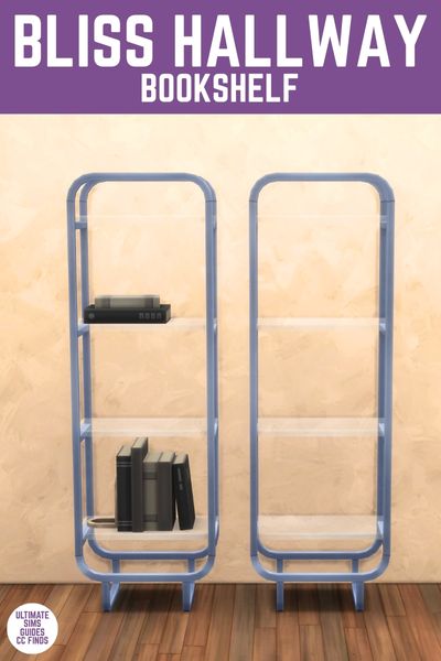 This image has a purple bar at the top with white text that says "Bliss Hallway Bookshelf" and below is an image of two bookshelves. They both have rounded edges and glass shelves, the left one has books on it as well. 