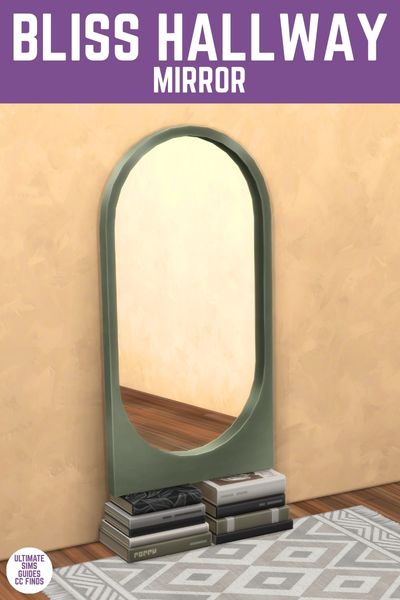 This image has a purple bar at the top with white text that says "Bliss Hallway Mirror" and below is an image of a stucco wall and wood floors, there's a large rounded top mirror that's being held up by books 