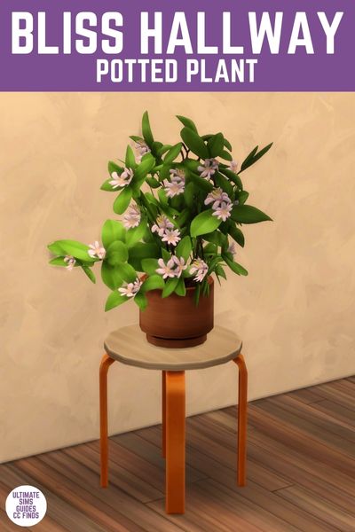 This image has a purple bar at the top with white text that says "Bliss Hallway Potted Plant". Below that is a circle table with a brown potted plant with greenery and flowers. 