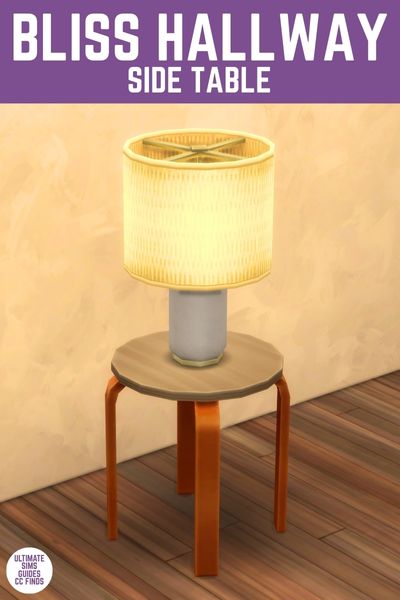 This image has a purple bar at the top with white text that says "Bliss Hallway Side Table" and below that is an image of a circle side table with a lamp on top 