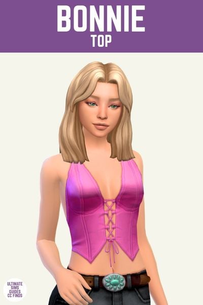 This image has a purple bar at the top with white text. The white text says "bonnie top" and below is a sim with shoulder length blonde hair wearing a halter top in hot pink 