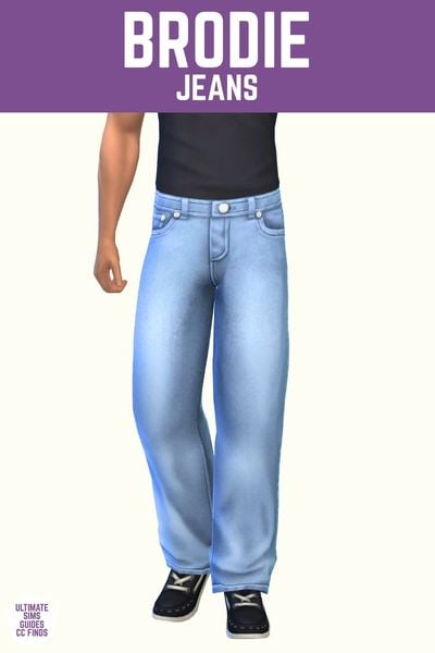 This image has a purple bar at the top with white text that says "Brodie Jeans" and below is a sim wearing a black t-shirt tucked into simple blue denim jeans. 