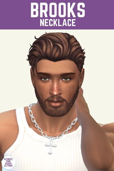 This image has a purple bar at the top with white text that says "Brooks Necklace" and below is a male sim with brown hair, a white tank top, and a silver chain necklace with a cross