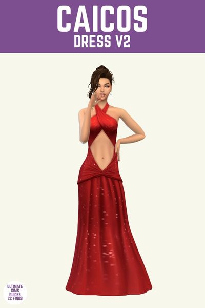 This image has a purple bar at the top and in white text it says "Caicos Dress V2" and below is a sim wearing a red floor length sparkly dress with a halter neckline 