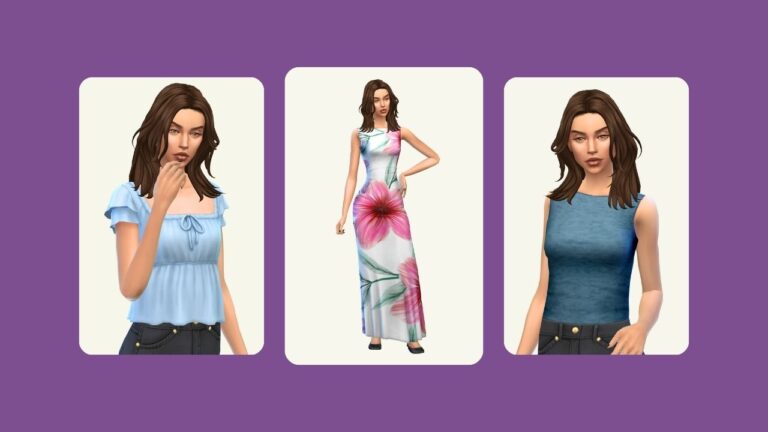 This image has a purple background with three rounded-edge rectangles and inside of those rectangles are sims posed in cute outfits.