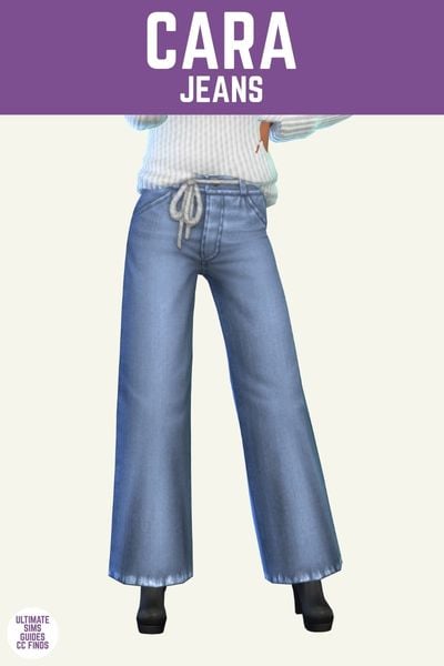 This image has a purple bar at the top with white text that says "Cara Jeans" and below is a sim from the waist down. They are wearing a wide leg pair of jeans with a rope for a belt. 