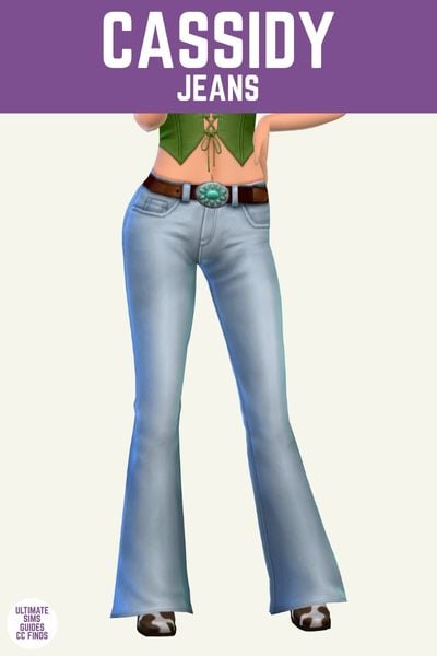 This image has a purple bar at the top with white text. The white text says "Cassidy Jeans" and below is an image. The image has a sim from the waist down to show off their denim jeans with brown belt. 