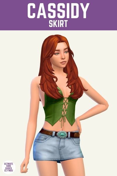 This image has a purple bar at the top with white text. The white text says "Cassidy Skirt" and below that is a sim. The sim has red hair and is wearing a green shirt and a denim mini skirt
