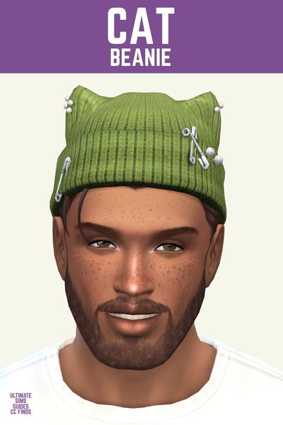This image has a purple bar at the top with white text that says "Cat Beanie" and below is a male sim wearing a white t-shirt with a green beanie with safety pins on it.