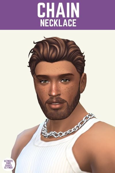 This image has a purple bar at the top with white text that says "Chain Necklace" and below is a male sim with brown hair and a white tank top wearing a chunky silver necklace chain