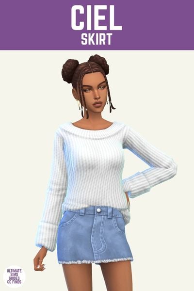 This image has a purple bar at the top with white text that says "Ciel Skirt" and below is a sim wearing a white knit sweater and denim mini skirt 