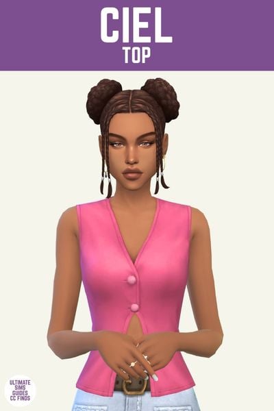 This image has a purple bar at the top with white text that says "Ciel Top" and below is a sim from the hips up. They have their hair in space buns and are wearing a hot pink vest with buttons. 