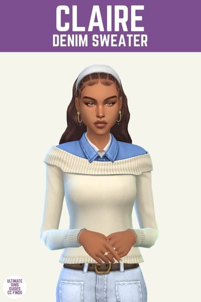 This image has a purple bar at the top with white text that says "Claire Denim Sweater" and below is a female sim wearing a folded neckline knit sweater with a denim button down underneath 