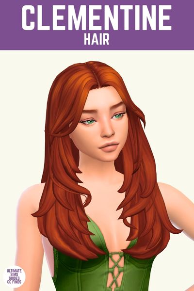 This image has a purple bar at the top with white text. The white text says "Clementine Hair" and below is a sim with middle-parted red hair 