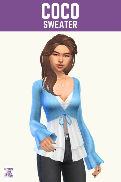 This image has a purple bar at the top with white text. The text says "Coco Sweater" and below is a sim with brown hair. They are wearing black jeans with a blue cropped sweater over a white top