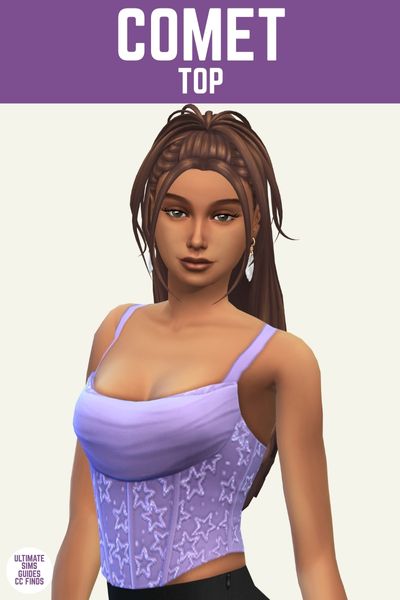 This is a product image for cc pieces from the Starry Night Collection by Joliebean. At the top of the image is a purple bar with white text that says "Comet Top" and below is a sim posed from the waist up. The sim is wearing white feather earrings, has brown hair and is wearing a purple tank top with a corset look with sparkly stars on it 
