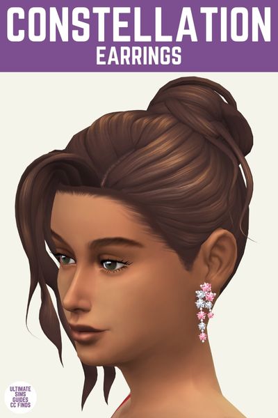 This is a product image for cc pieces from the Starry Night Collection by Joliebean. At the top of the image is a purple bar with white text that says "Constellation Earrings". Below is a sim looking off to the side. They have brown hair in an up-do and are wearing dangly gem earrings. 