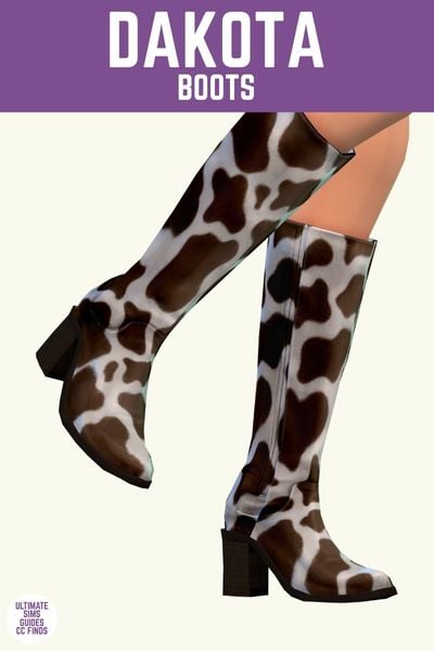 This image has a purple bar at the top with white text. The white text says "Dakota Boots" and below is a close up of a sim's legs and they are wearing knee-high cowboy boots in a cow print 