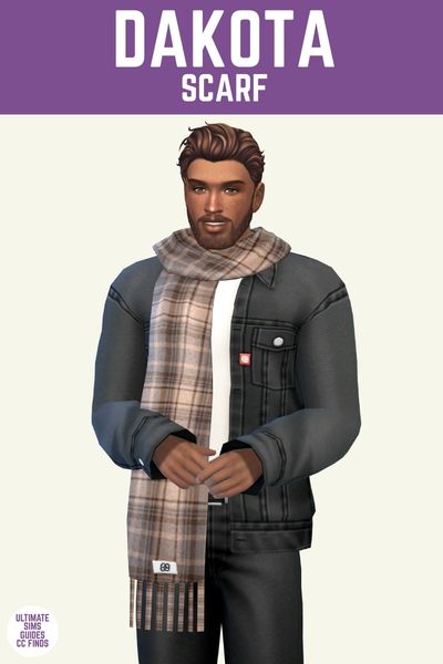 This image has a purple bar at the top with the words "Dakota Scarf" in white. Below is a male sim with brown hair, they are wearing black jeans, a black denim jacket and a plaid scarf.