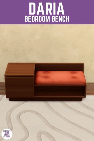 This image has a purple bar at the top with white text that reads "Daria Bedroom Bench" and below is an ottoman with a cushion and small platform 
