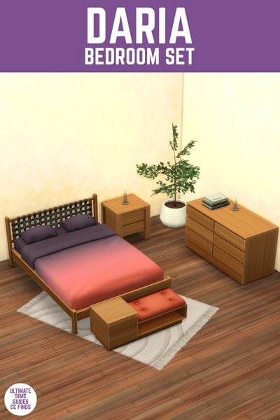 This image has a purple bar at the top with white text that reads "Daria Bedroom Set" and below is a bedroom with a dresser, ottoman, and double bed in warm wood tones. 
