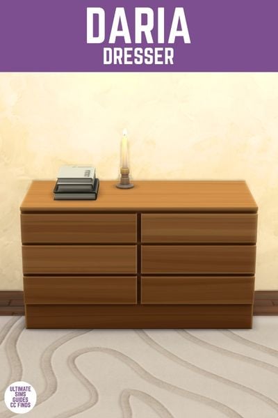 This image has a purple bar at the top with white text that reads "Daria Dresser" and below is an IKEA Malm style dresser in a wood tone. 