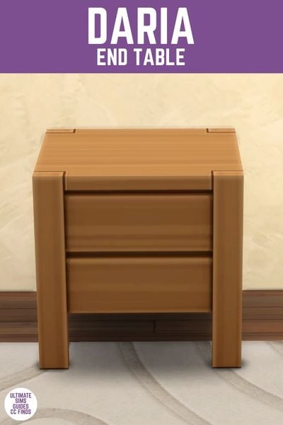This image has a purple bar at the top with white text that reads "Daria End Table" and below is a square end table with two drawers with no handles. 