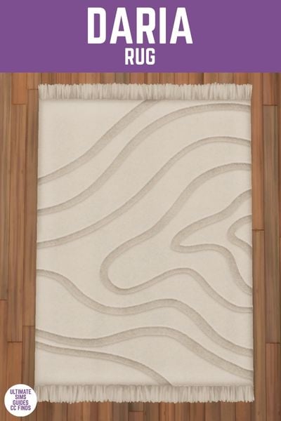 This image has a purple bar at the top with white text that reads "Daria Rug" and below is a top down view of a rug with tassels on the edges and a nice wavy design. 