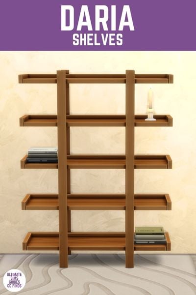 This image has a purple bar at the top with white text that reads "Daria Shelves" and below is a five shelf tall  shelf with candles and books on it 