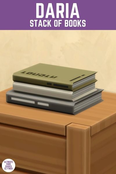 This image has a purple bar at the top with white text that reads "Daria Stack of Books" and below is a wooden table with three books stacked on top of each other. 