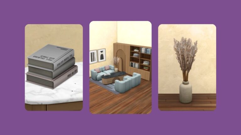 This image has a purple background with three rounded-edge rectangles. Inside the rectangles are images, the first is a stack of books, the second is a living room set up and the third is a pampas grass plant.