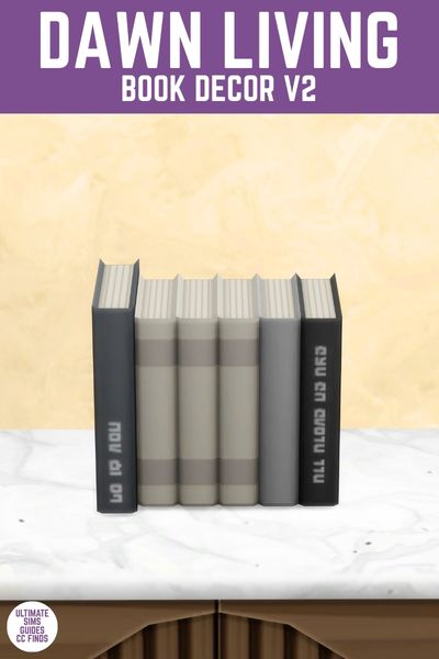 This image has a purple bar at the top with white text that reads "Dawn Living Book Decor V2" and there is a picture of six books next to each other. 