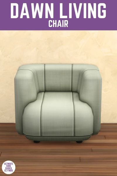 This image has a purple bar at the top with white text that reads "Dawn Living Chair" with a light sage green chair 