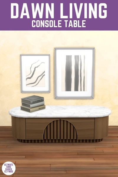 This image has a purple bar at the top with white text that reads "Dawn Living Console Table" with an oval table with books on it and two pieces of art on the wall 