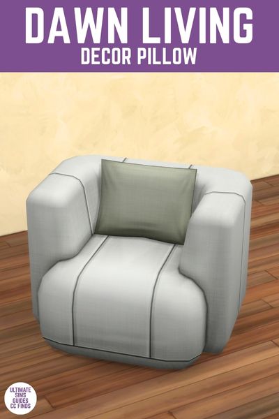 This image has a purple bar at the top with white text that reads "Dawn Living Decor Pillow" and below is an image of a chair with a cushion on it 