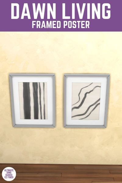 This image has a purple bar at the top with white text that reads "Dawn Living Framed Posters" and below are two pieces of wall art with black lines 