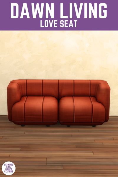 This image has a purple bar at the top with white text that reads "Dawn Living Love Seat" And below is an image of a room with an orange couch 