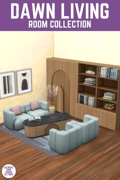 This image has a purple bar at the top with white text that reads "Dawn Living Room Collection" and below is a living room with side cabinets, a love seat and two chairs and a cute rounded-edge table. 