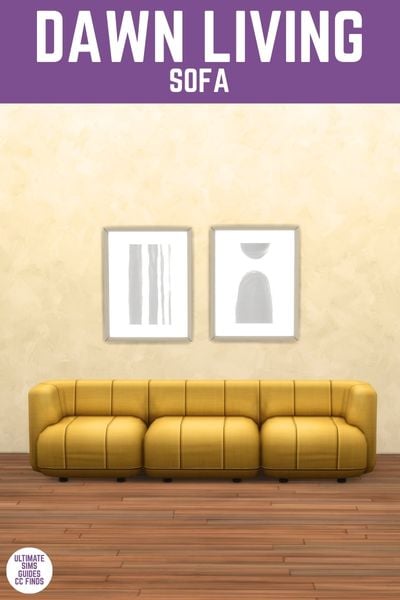 This image has a purple bar at the top with white text that reads "Dawn Living  Sofa" and below is a room with wooden floors, a yellow couch and two pieces of wall art. 