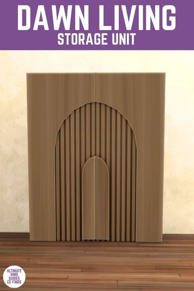 This image has a purple bar at the top with white text that reads "Dawn Living Storage Unit" and below is a set of two storage units next to each other creating a decorative arch in the middle 
