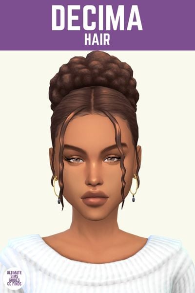 This image has a purple bar at the top that says "Decima Hair" and below is a sim wearing. awhite sweater with their hair in an up-do 